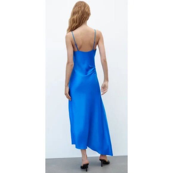 Zara Satin Effect Cowl Neck Midi Dress  Blue NWT Size Large - Picture 5 of 15